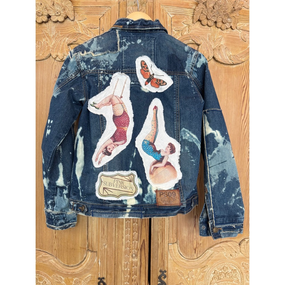 Circus Pin-Up Patchwork Denim Jacket | Distressed |‎ Large - Picture 8 of 16